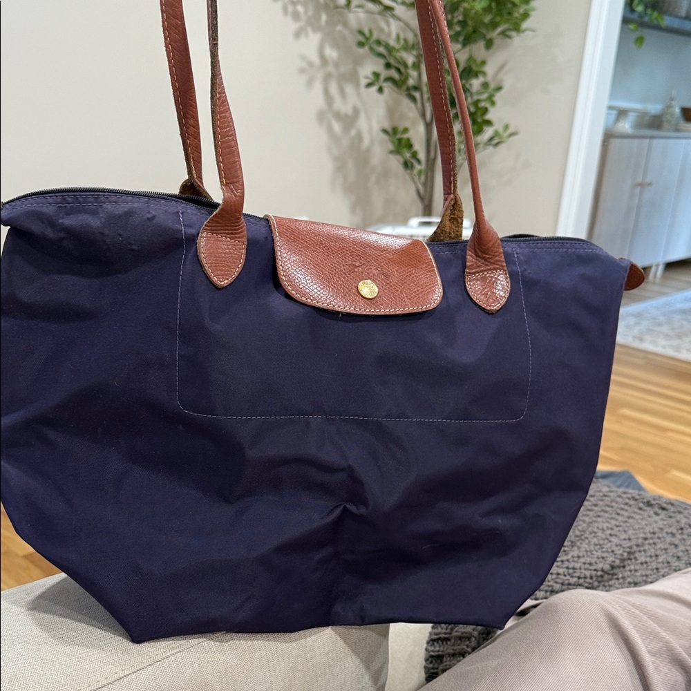 Longchamp Deep Purple Tote with Brown Accents